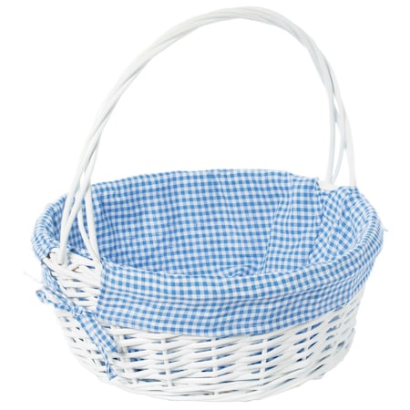 Vintiquewise White Round Willow Gift Basket, with Blue and White Gingham Liner and Handles, Large QI004550BL.L